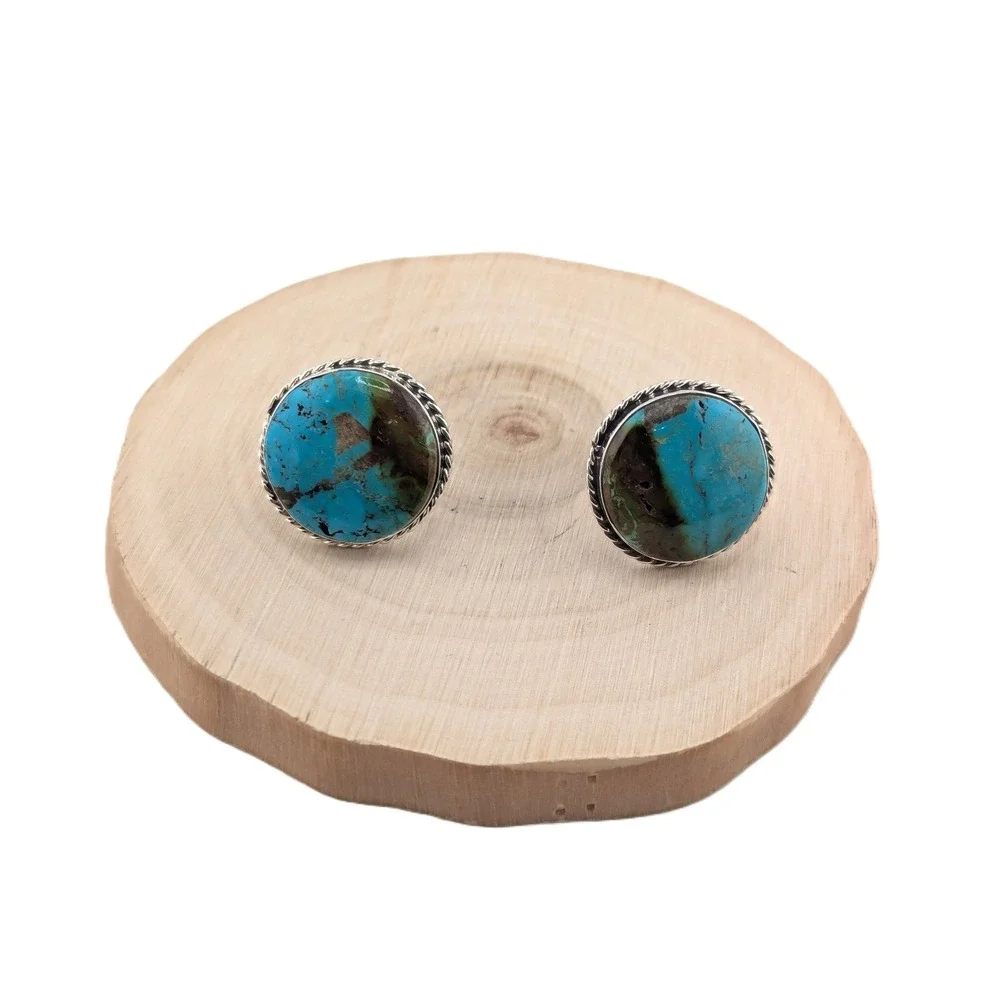 Genuine Navajo Men's Cuff Links Sterling‎ Silver Kingman Turquoise Stone